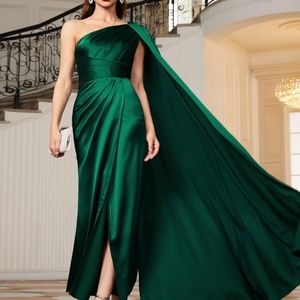 Luxe Green One shoulder party formal evening Prom Satin Wedding dress